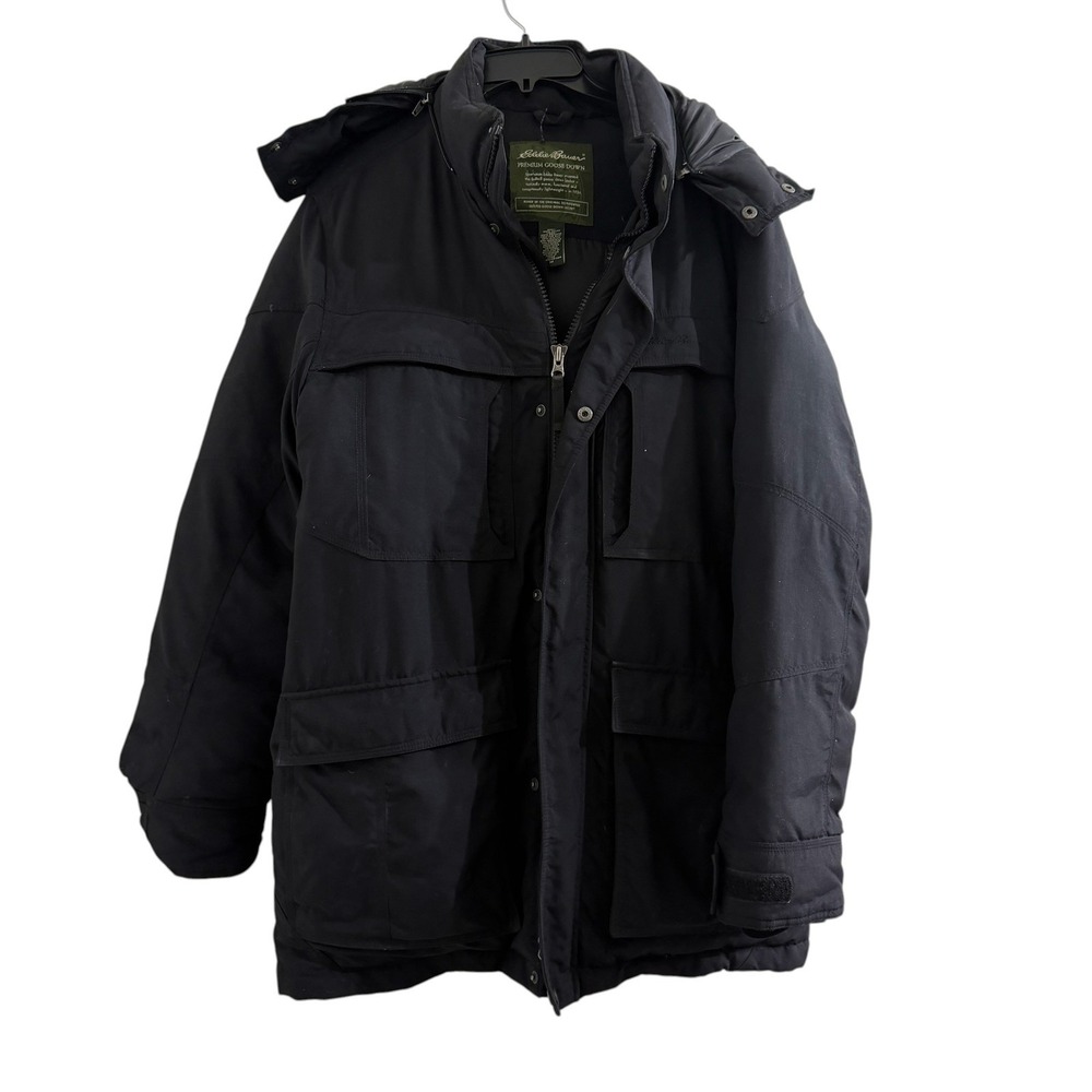 Eddie Bauer Goose Down Parka Jacket Men's M Black Hooded Faux Fur Trim